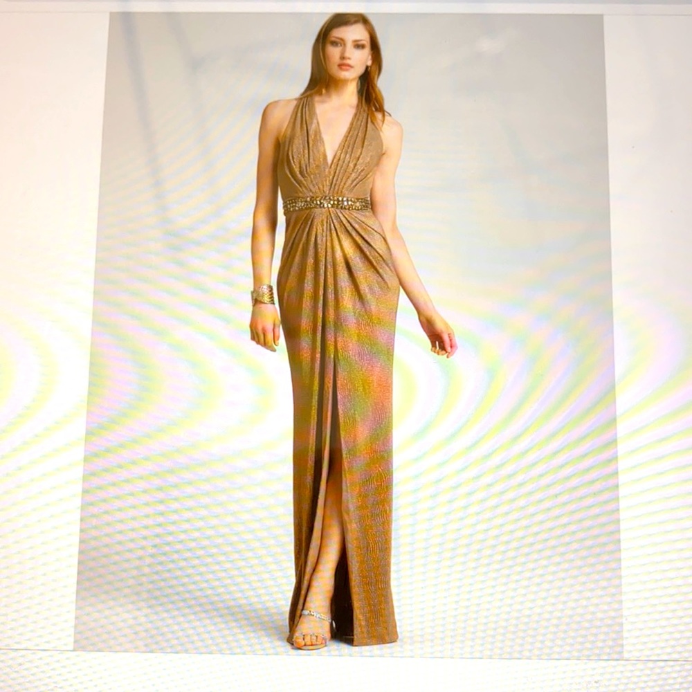 NWT Designer Hoaglund New York Women’s brown metallic halter gown. Brand new.